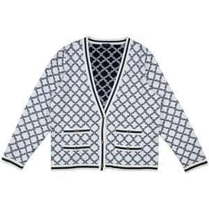 Talbots V-Neck Cardigan Womens 0X Black White Medallion Lattice Jacquard Sweater